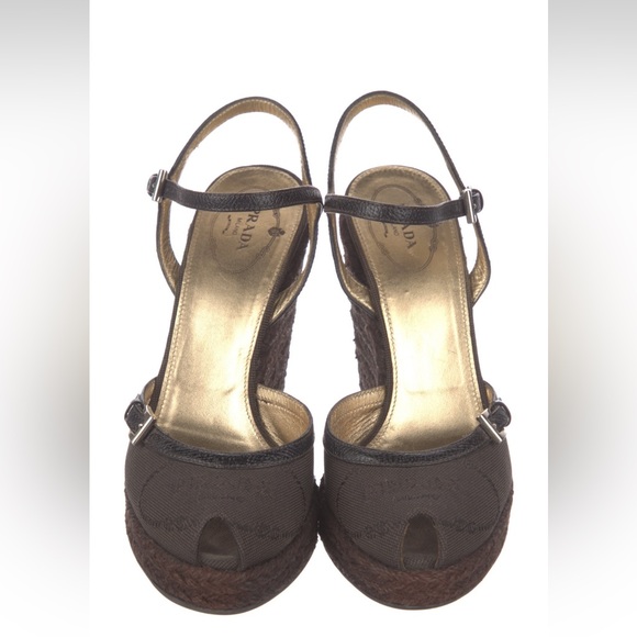 Prada brown canvas logo espadrille wedge sandal IT 37.5 - Picture 5 of 7